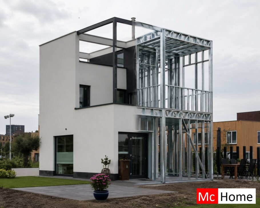 het plaatje toont een woning of gebouw met de staalframebouw constructie deels zichtbaar