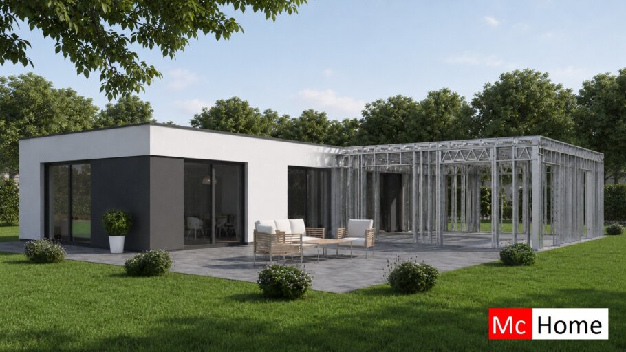 het plaatje toont een woning of gebouw met de staalframebouw constructie deels zichtbaar