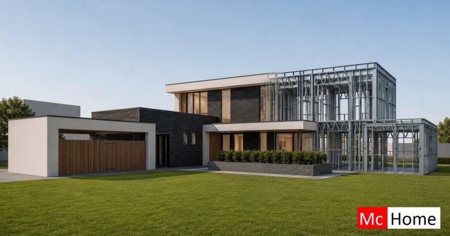 het plaatje toont een woning of gebouw met de staalframebouw constructie deels zichtbaar