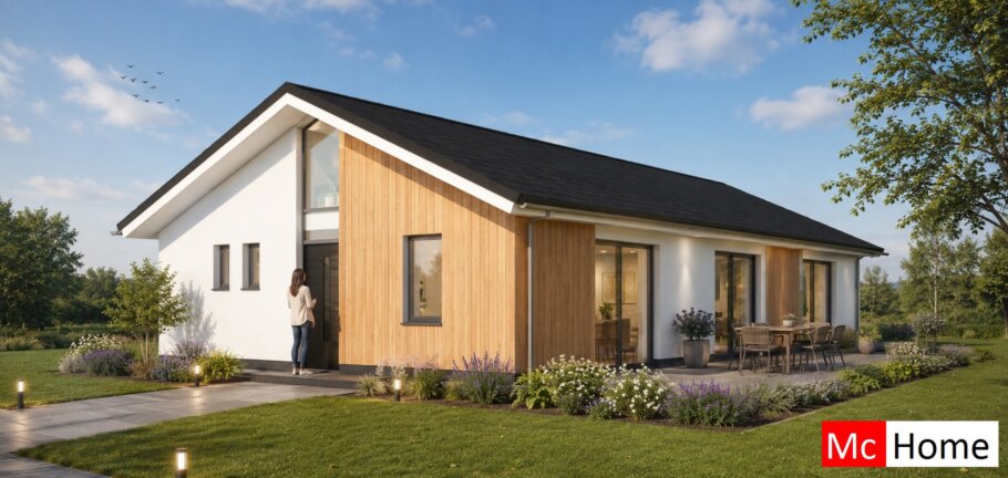 Onderhoudsarme gelijkvloerse bungalow met licht hellend dak en moderne houten gevelbekleding
