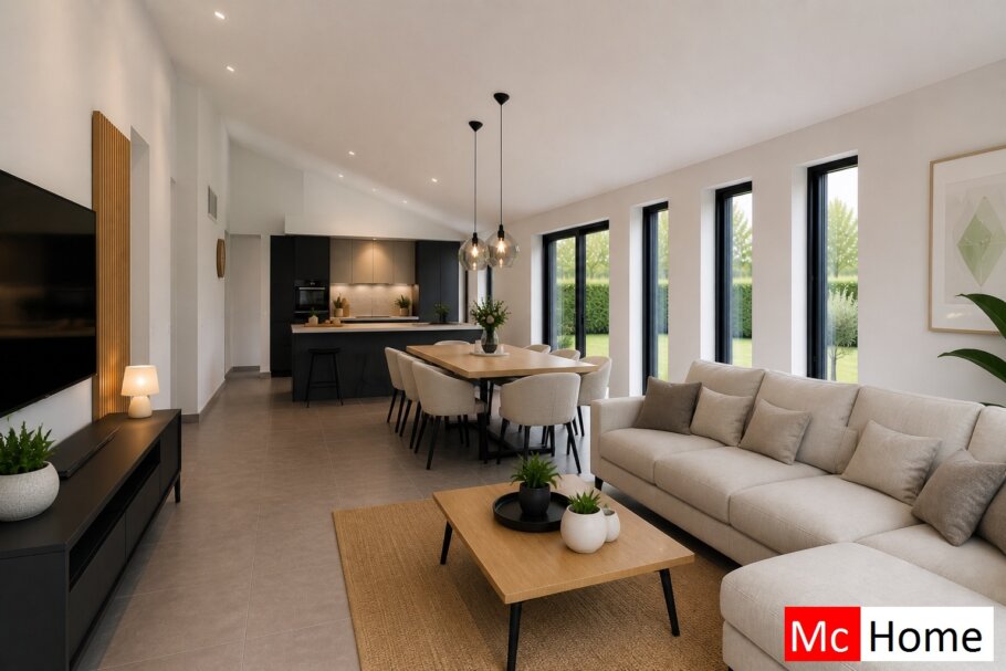 Onderhoudsarme gelijkvloerse bungalow met licht hellend dak en moderne houten gevelbekleding