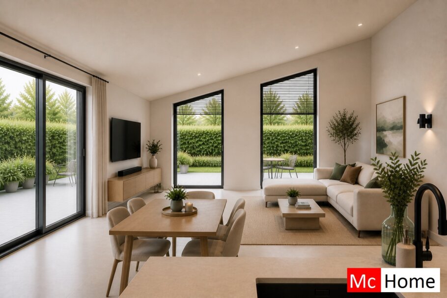 Onderhoudsarme gelijkvloerse bungalow met licht hellend dak en moderne houten gevelbekleding