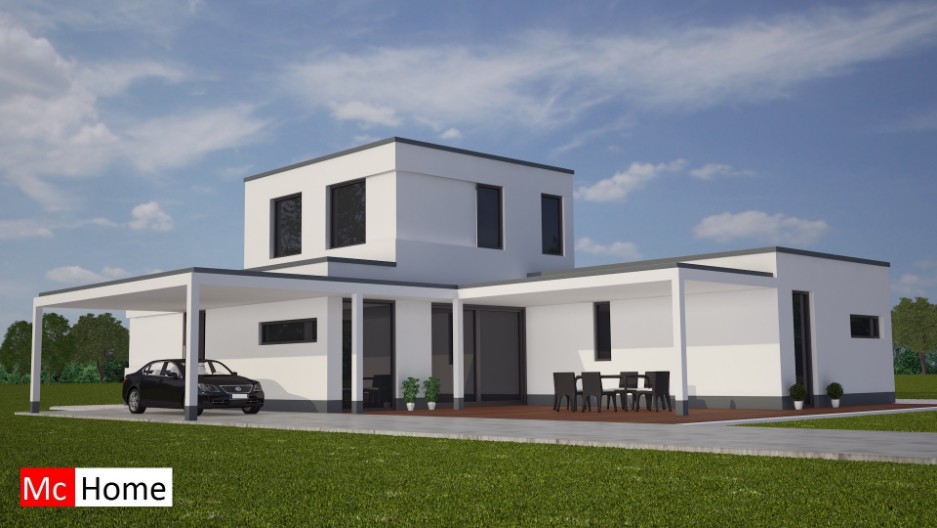 Mc-Home.nl M81 modern gelijkvloers huis met verdieping vlak dak overdekt terras passief gebouwd in staalframebouw