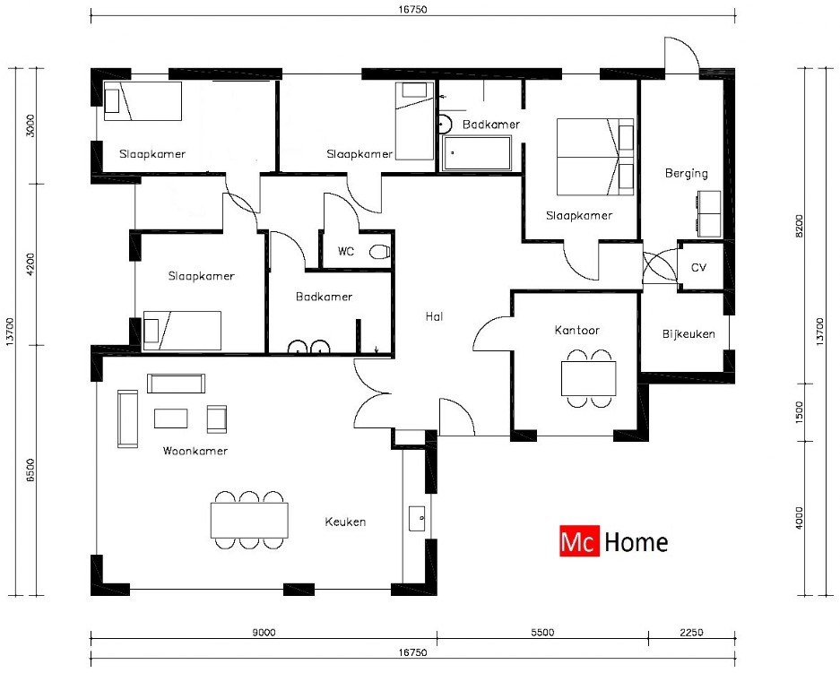 Mc-home.nl B19 moderne vrijstaande bungalow alles gelijksvloers staalframebouw 4 slaapkamers veel glas