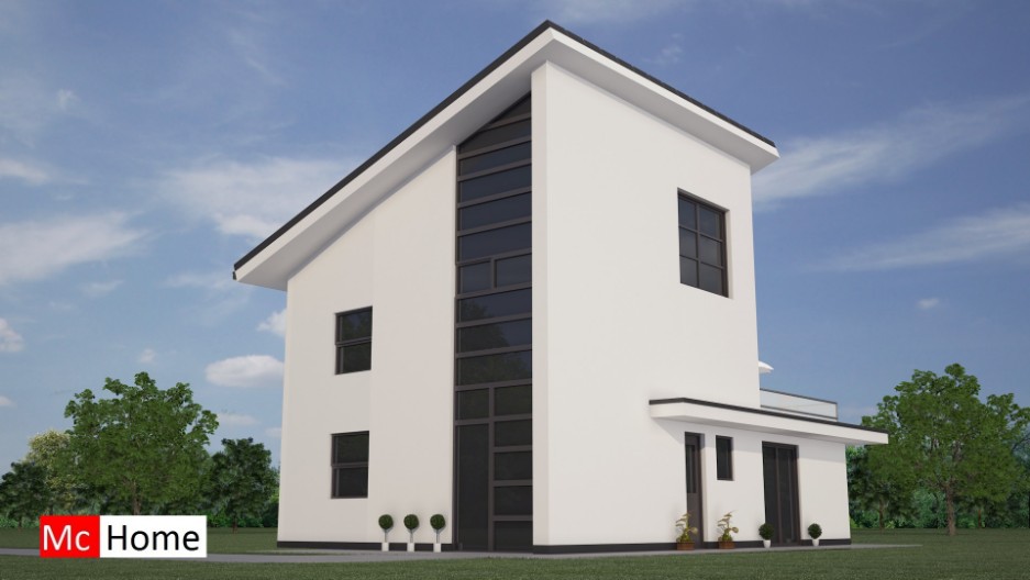 Mc-home.nl K 43 duurzame moderne woning met lessenaarskap in staalframebouw of houtskelet en moderne gevelafwerking