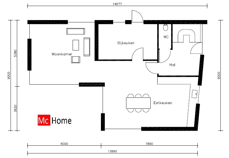 Mc-home.nl K 43 duurzame moderne woning met lessenaarskap in staalframebouw of houtskelet en moderne gevelafwerking