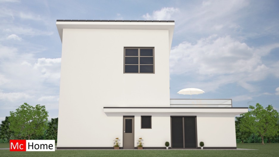 Mc-home.nl K 43 duurzame moderne woning met lessenaarskap in staalframebouw of houtskelet en moderne gevelafwerking