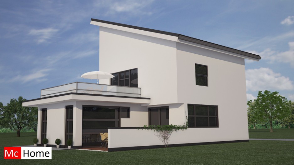 Mc-home.nl K 43 duurzame moderne woning met lessenaarskap in staalframebouw of houtskelet en moderne gevelafwerking