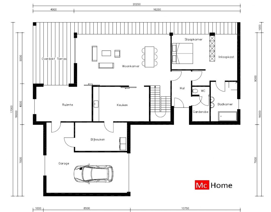 mc-home.nl M72 Eigentijdse villa gelijksvloers met groot overdekt terras en gastenverdieping aardbevingbestendig staalframebouw