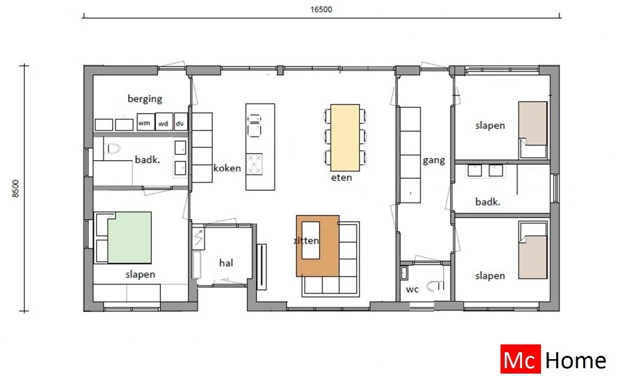 McHome B 198 bungalow plat dak type met 3 slaapkamers staalframebouw Nederland
