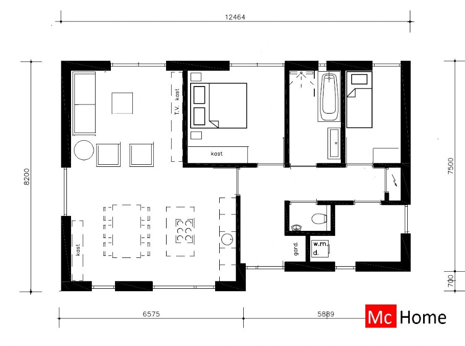 McHome B154 vrijstaande bungalow met plat dak 2 slaapkamers Steelframebouw Nederland