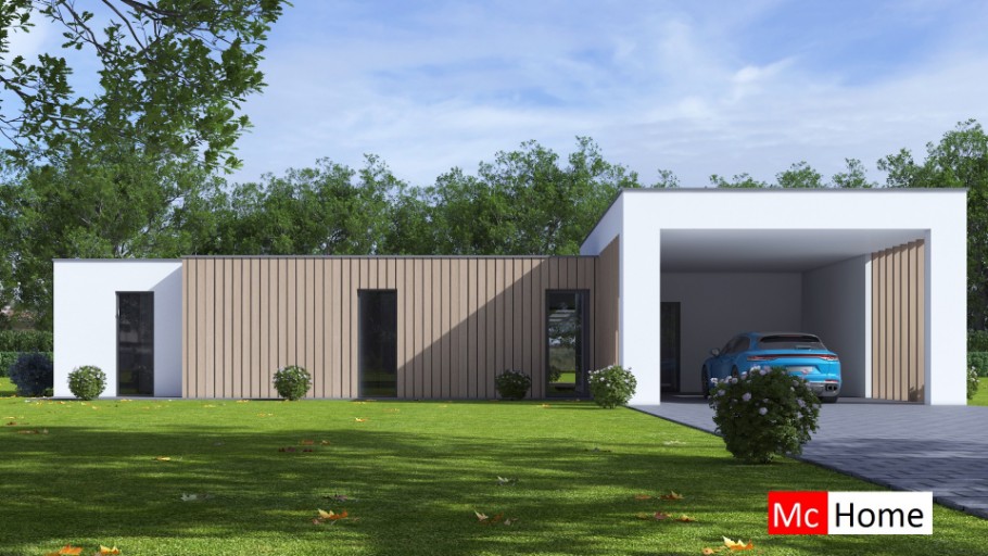 McHome B168 gelijkvloerse woining met overdekt terras en carport  staalframebouw nederland 