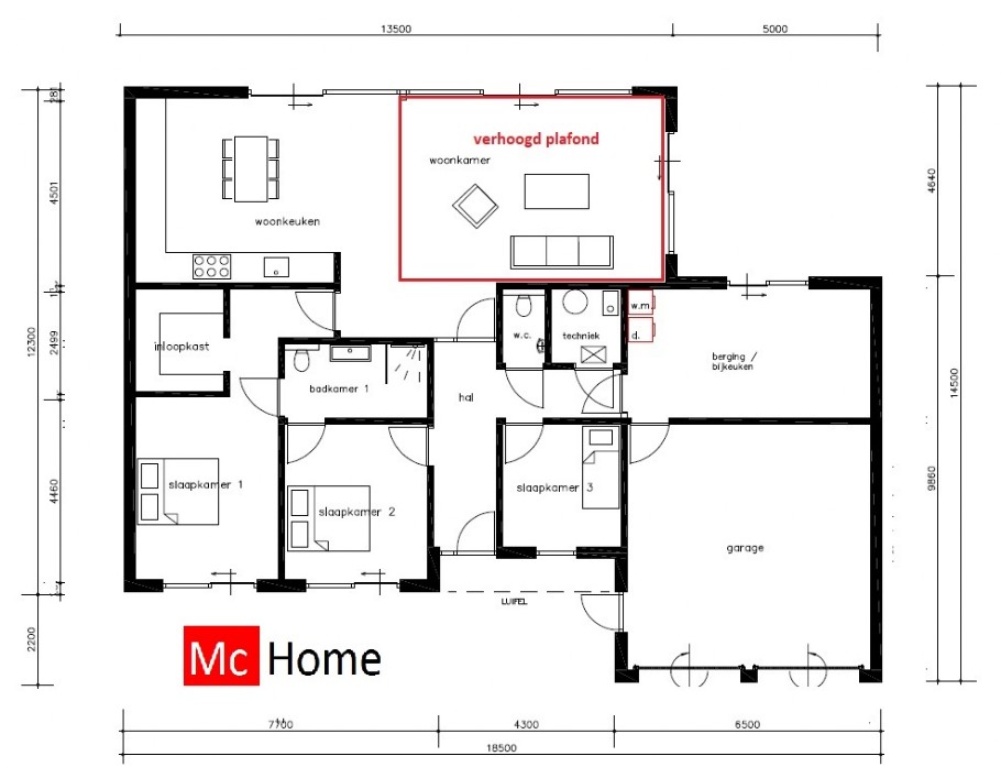 McHome B170 levensloop woning woonkamer verhoogd plafond Staalframebouw Nederland  McHome B170 levensloop woning woonkamer verhoogd plafond Staalframebouw Nederland