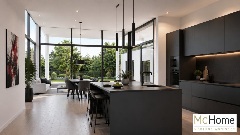 Moderne levensloopbestendige bungalow ontwerp B-27 met grote ramen, veel glas en strak kubistisch ontwerp van McHome