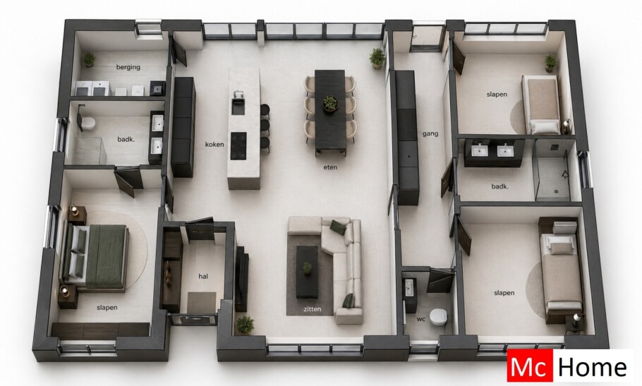 McHome B 198 bungalow plat dak type met 3 slaapkamers staalframebouw Nederland