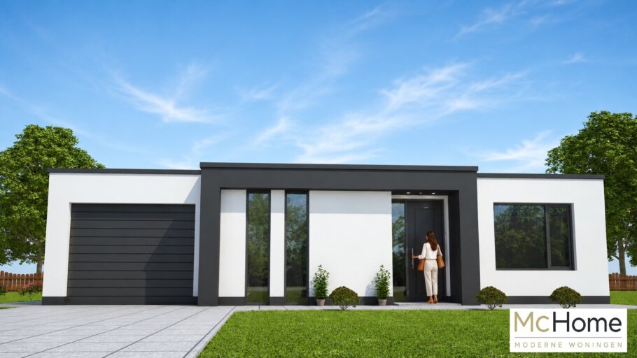 Moderne levensloopbestendige bungalow ontwerp B-27 met grote ramen, veel glas en strak kubistisch ontwerp van McHome