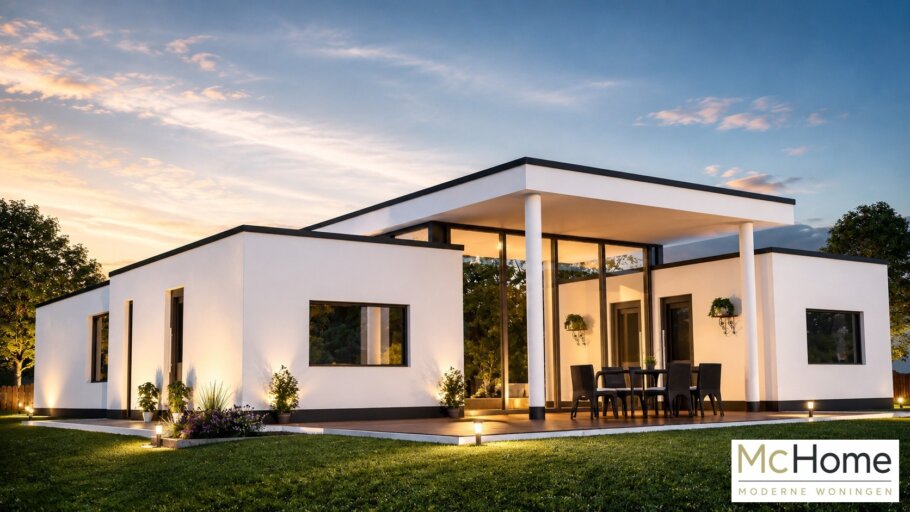 Moderne levensloopbestendige bungalow ontwerp B-27 met grote ramen, veel glas en strak kubistisch ontwerp van McHome