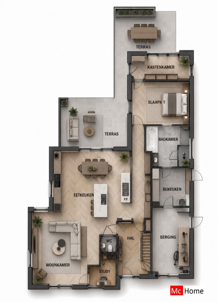 McHome.nl ontwerpen 2026 typer M407 modern kubistisch levensloopbestendig buitenterrassen verdieping