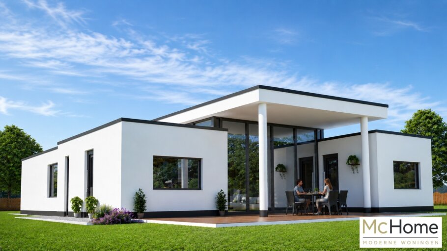 Moderne levensloopbestendige bungalow ontwerp B-27 met grote ramen, veel glas en strak kubistisch ontwerp van McHome