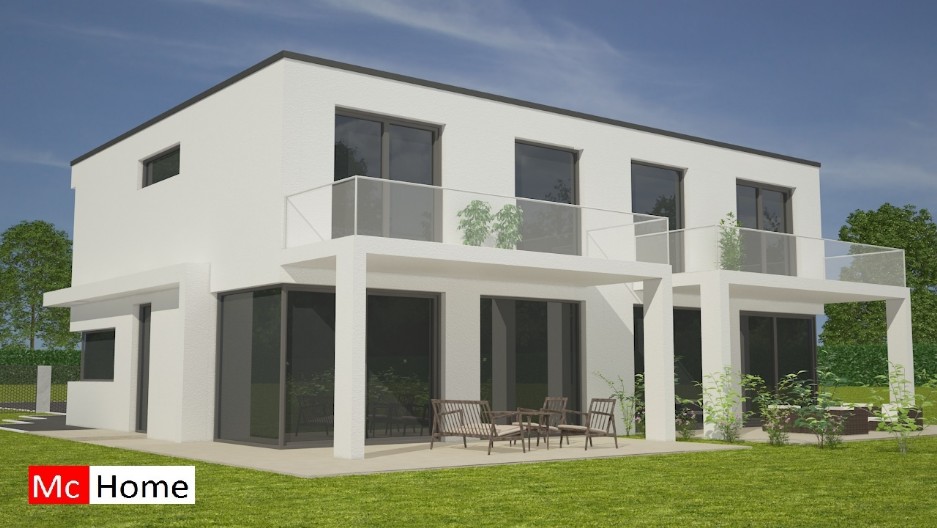 Moderne kubistische twee-onder-een-kap woning energieneutraal met plat dak en veel glas en lichtinval TK33