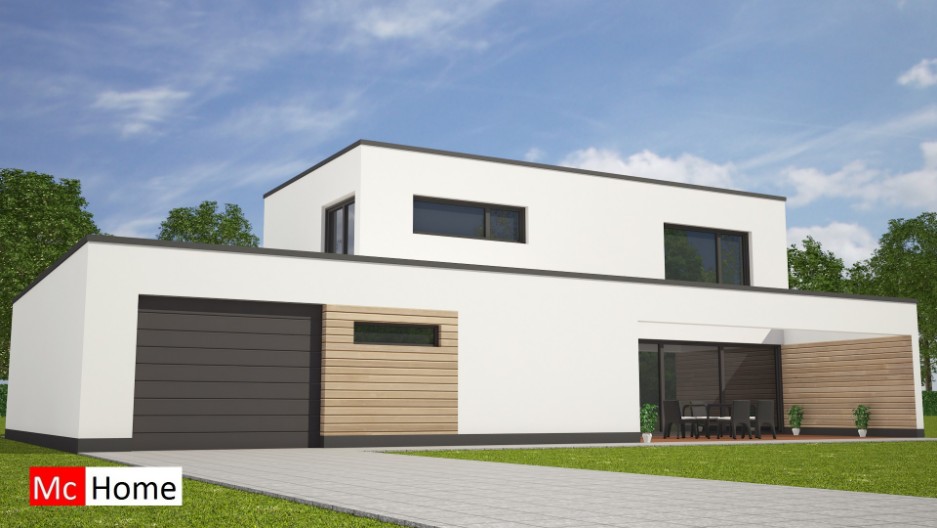 Moderne kubistische villa met garage terras en veel glas energieneutraal bouwen traditioneel of prefab mc-home.nl M122