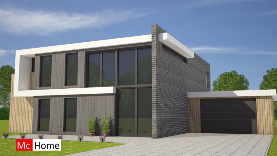 Moderne kubistische woning met veel licht glas overstekken grote garage onderhoudsvrije materialen in staalframebouw systeem M131