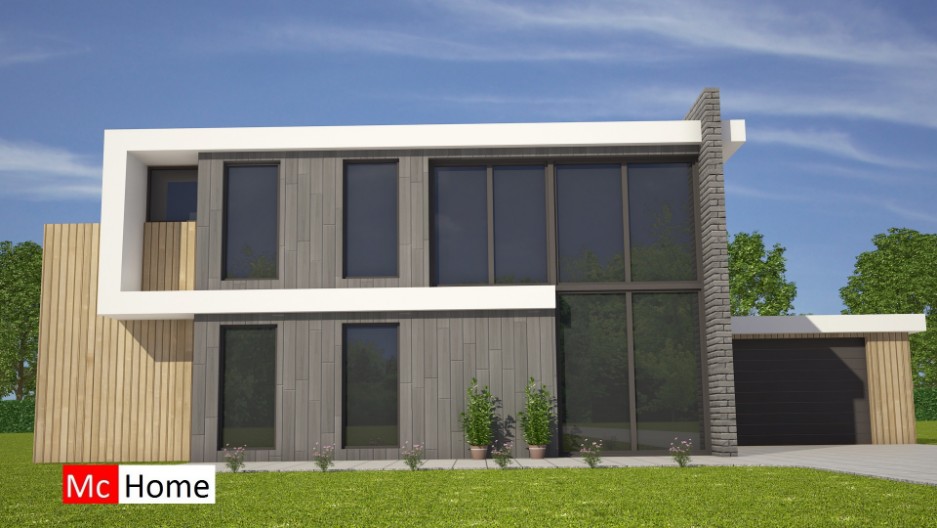 Moderne kubistische woning met veel licht glas overstekken grote garage onderhoudsvrije materialen in staalframebouw systeem M131