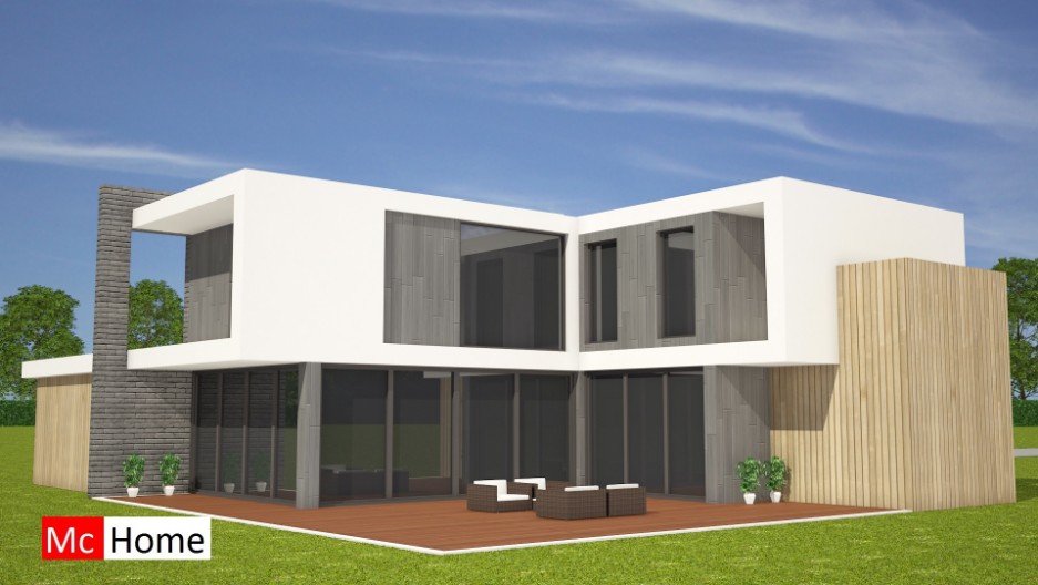 Moderne kubistische woning met veel licht glas overstekken grote garage onderhoudsvrije materialen in staalframebouw systeem M131
