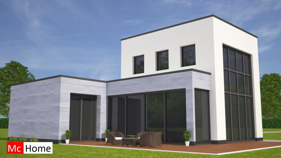 Moderne kubistische woning of bungalow met kleine verdieping energieneutraal bouwen met onderhoudsarme gevelbekleding M125 mc-home.nll