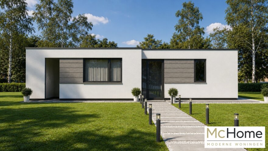 Moderne levensloopbestendige bungalow B154 met plat dak en prefab staalframebouw constructie