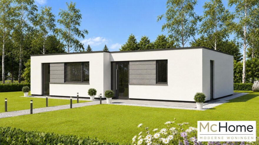 Moderne levensloopbestendige bungalow B154 met plat dak en prefab staalframebouw constructie