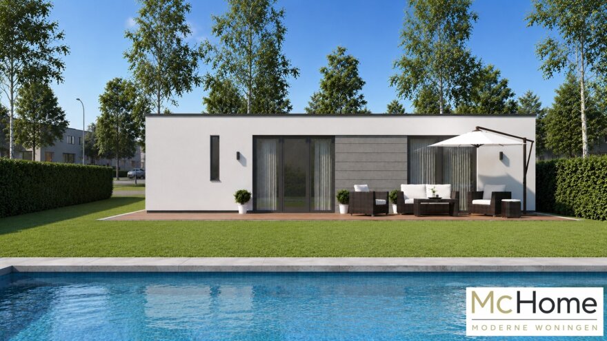 Moderne levensloopbestendige bungalow B154 met plat dak en prefab staalframebouw constructie