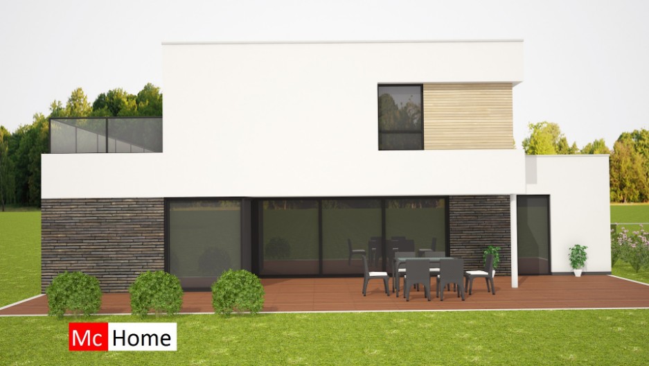 Moderne villa ontwerp en bouwen  met stuukwerk en natuursteen staalframe casco M217 Mc-Home 