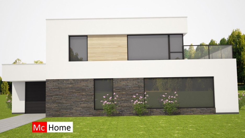 Moderne villa ontwerp en bouwen  met stuukwerk en natuursteen staalframe casco M217 Mc-Home 