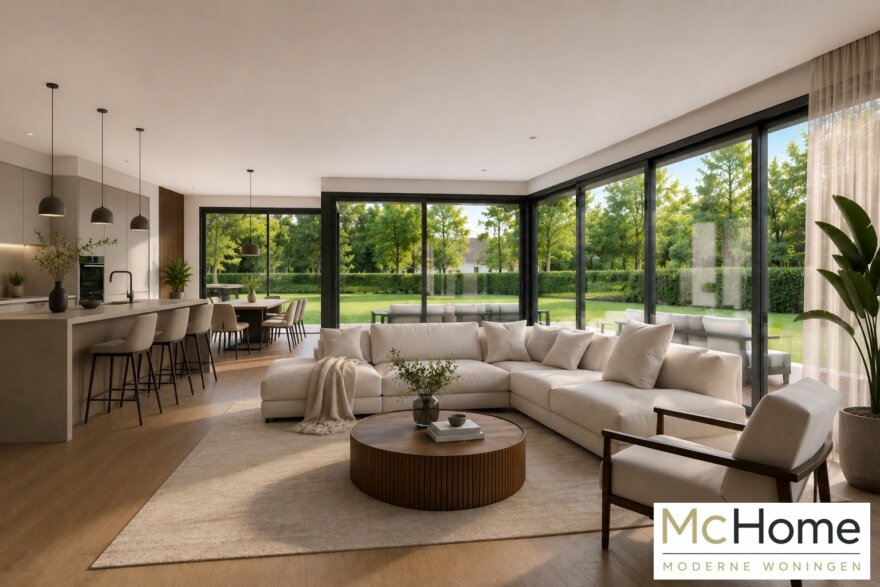 Modern interieur van kubistische woning met leefkeuken en grote glaspartijen