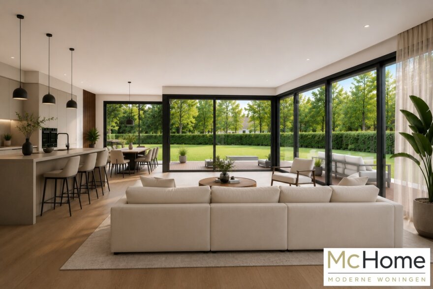 Modern interieur van kubistische woning met leefkeuken en grote glaspartijen