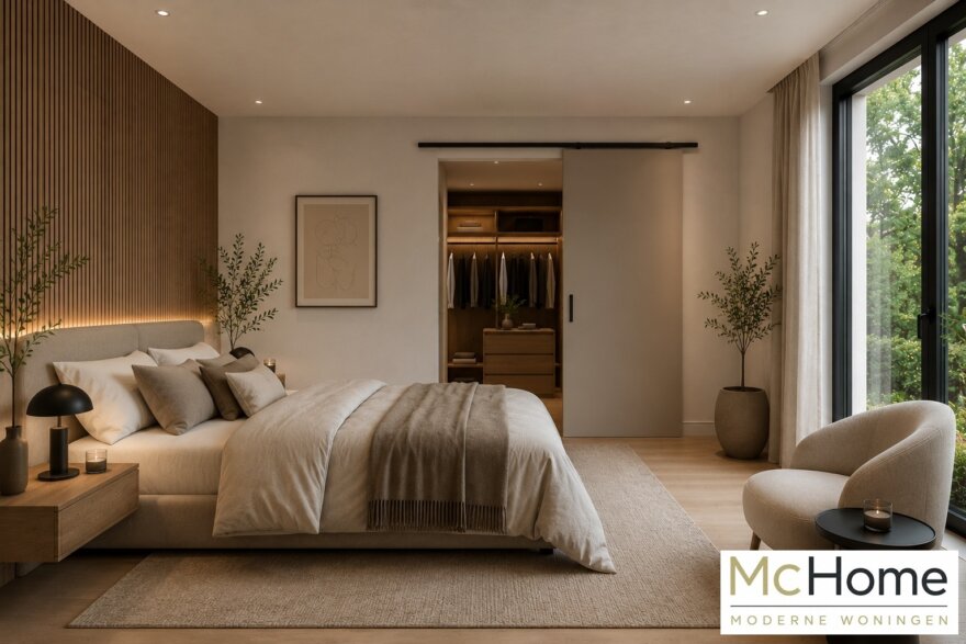 Modern interieur van kubistische woning met leefkeuken en grote glaspartijen