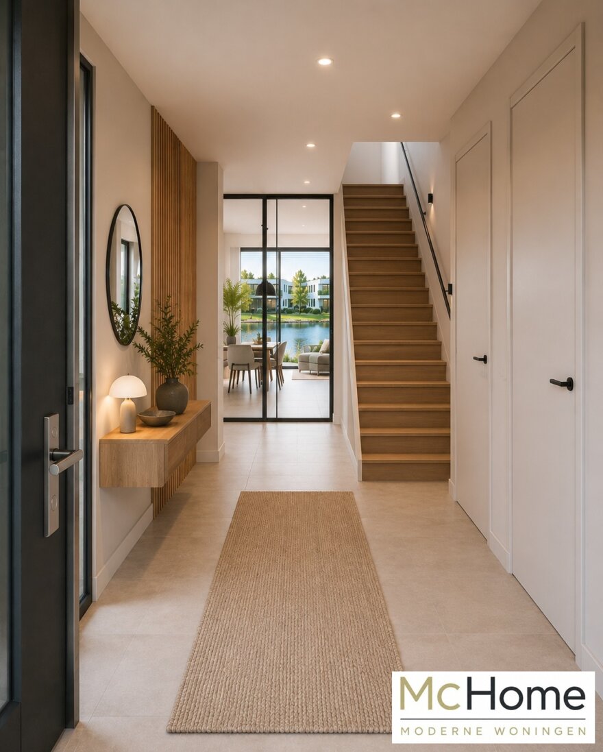 Modern interieur van kubistische woning met leefkeuken en grote glaspartijen