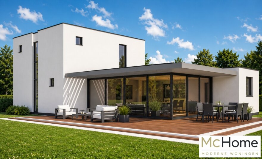Moderne kubistische woning M-329 met plat dak, grote glaspuien en overdekt terras
