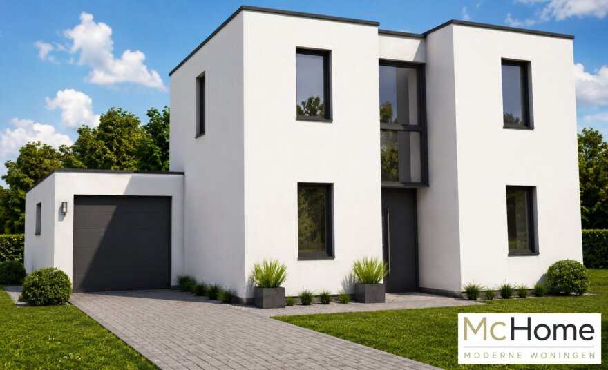 Moderne kubistische woning M-329 met plat dak, grote glaspuien en overdekt terras