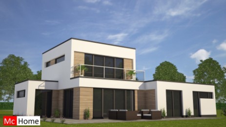 mchome m113 moderne kubistische bungalow woning met dakterras verdieping energieneutraal staalframe 