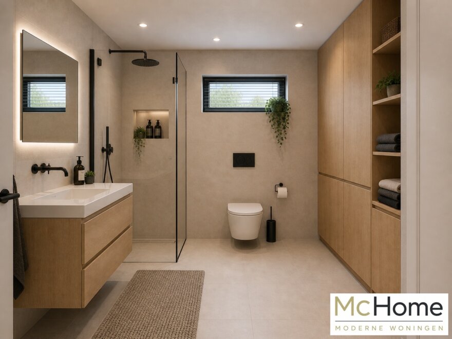 Modern interieur van kubistische woning met leefkeuken en grote glaspartijen