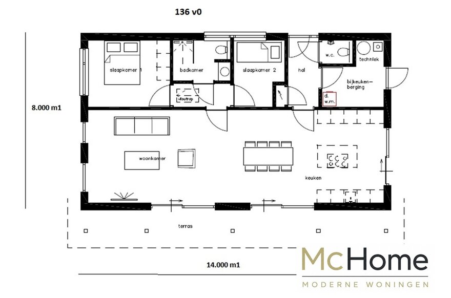Moderne levensloopbestendige bungalow B-136 met strakke architectuur, grote raampartijen en energiezuinige staalframebouw uitvoering van MC-Home