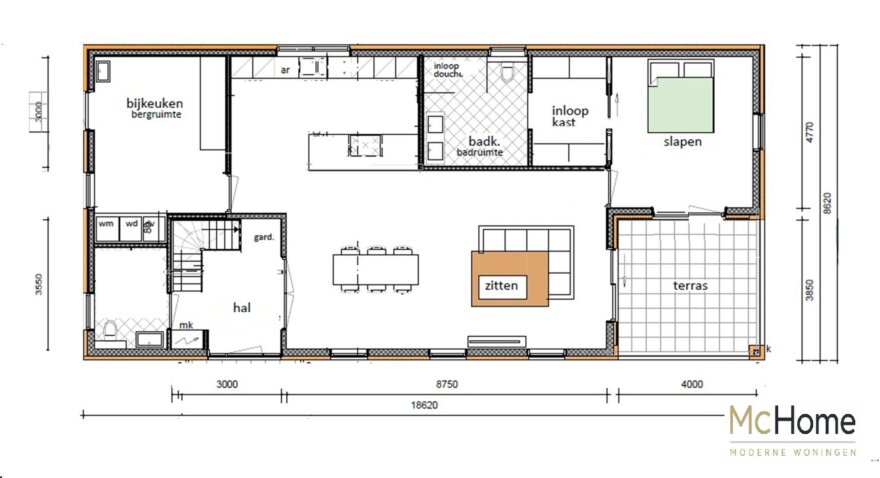 Moderne vrijstaande woning met zadeldak, houten gevelaccenten en overdekt terras gebouwd met staalframebouw door MC-Home